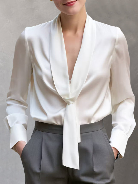 Tied Solid Color Long Sleeves V-neck Blouses&shirts Tops