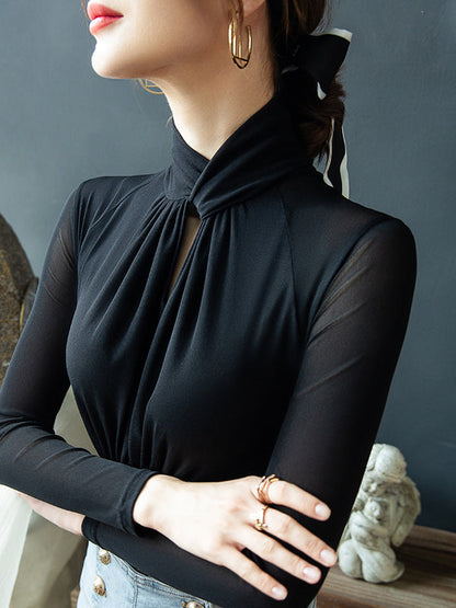 Long Sleeves Plus Size Hollow Mesh Pleated See-Through Solid Color Twist Half Turtleneck Blouses&Shirts Tops
