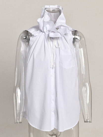 Loose Sleeveless Buttoned Drawstring Pleated Solid Color Stand Collar Vest Top