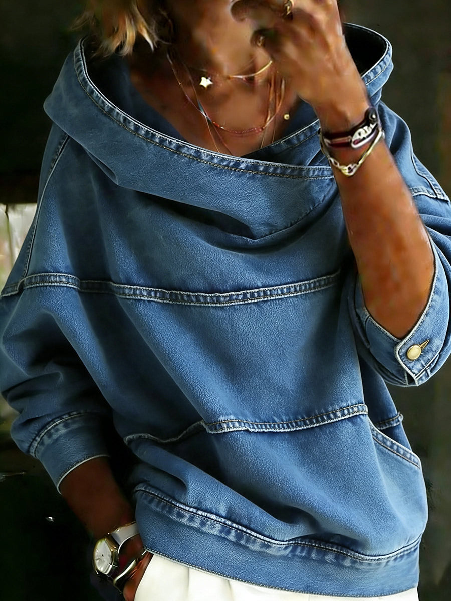 Split-Joint Solid Color Pockets Loose Long Sleeves Hooded Hoodies&sweatshirt Tops