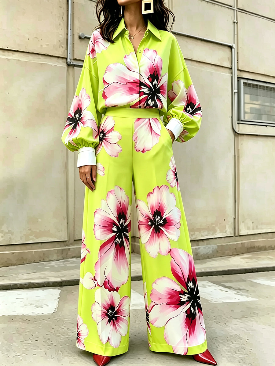 Pockets Flower Print Elasticity Wide Leg High Waisted Trousers Pants