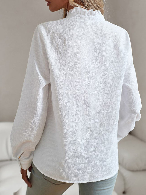 Long Sleeves Loose Pleated Ruffled See-Through Solid Color Split-Joint Stand Collar Blouses&Shirts Tops