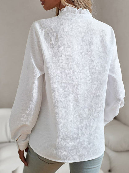 Long Sleeves Loose Pleated Ruffled See-Through Solid Color Split-Joint Stand Collar Blouses&Shirts Tops