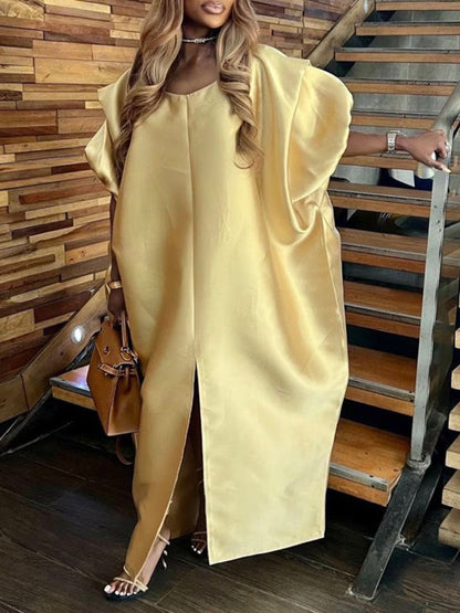 Half Sleeves Loose Elasticity Pleated Solid Color Split-Front V-Neck Maxi Dresses