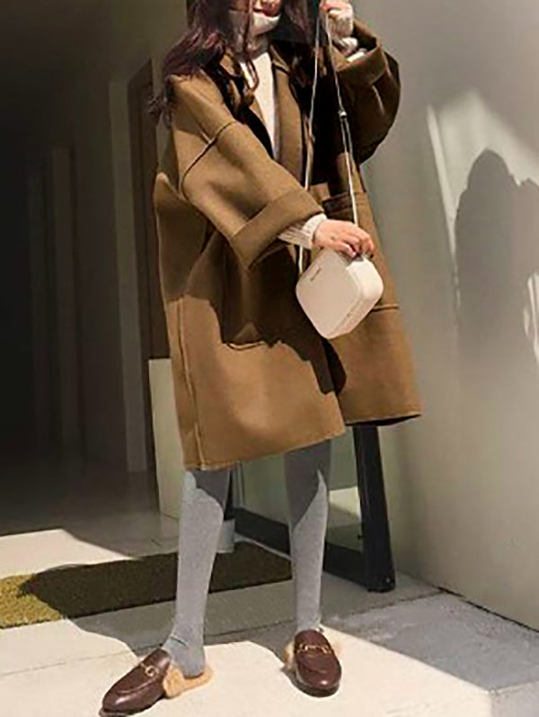 Long Sleeves Loose Buttoned Pockets Solid Color Split-Joint Notched Collar Woolen Coat