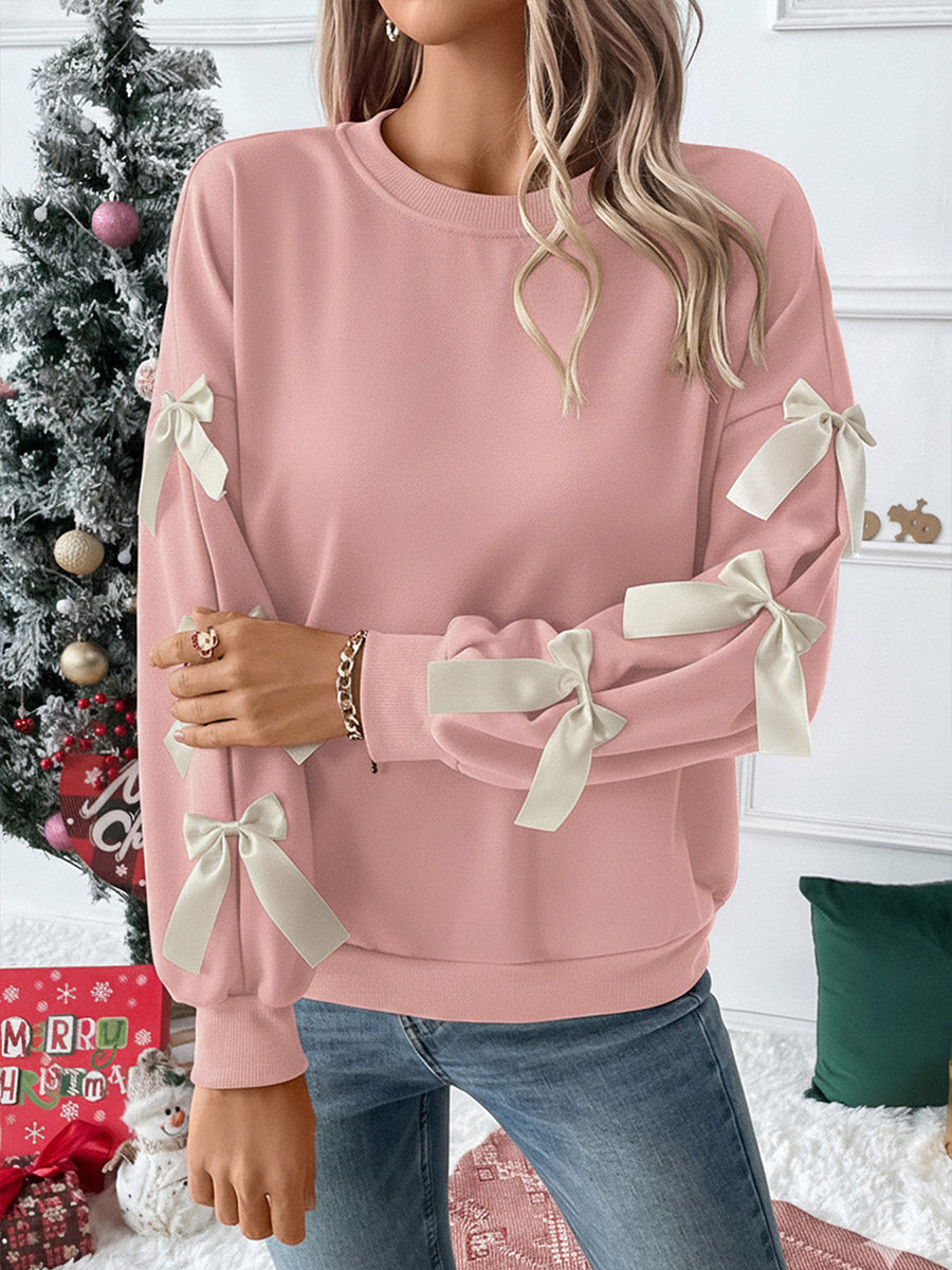 Split-Joint Contrast Color Bow-Embellished Loose Long Sleeves Round-Neck Sweatshirt Tops