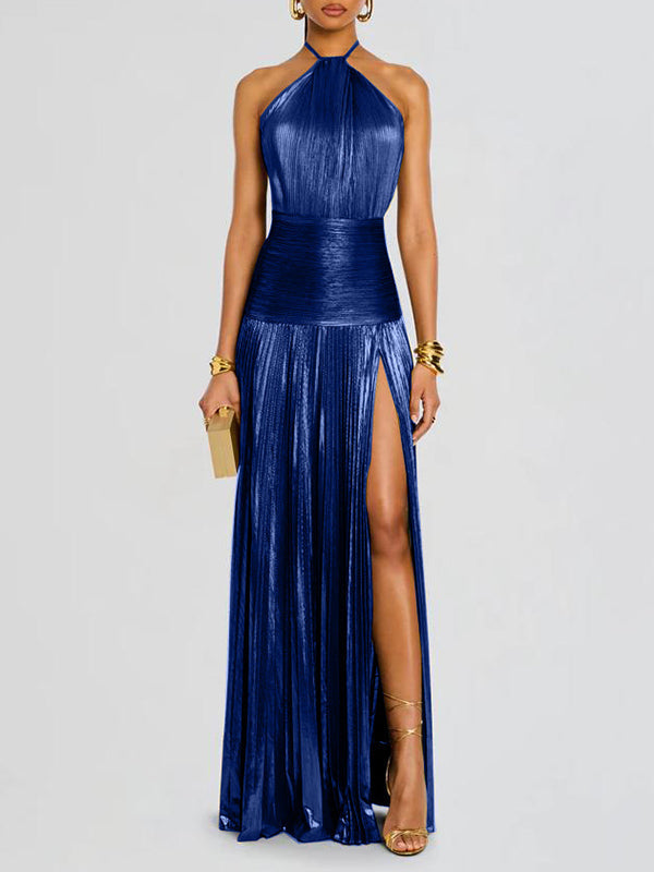 Elasticated Waist Sleeveless Pleated Shiny Solid Color Split-Side Halter-Neck Maxi Dresses