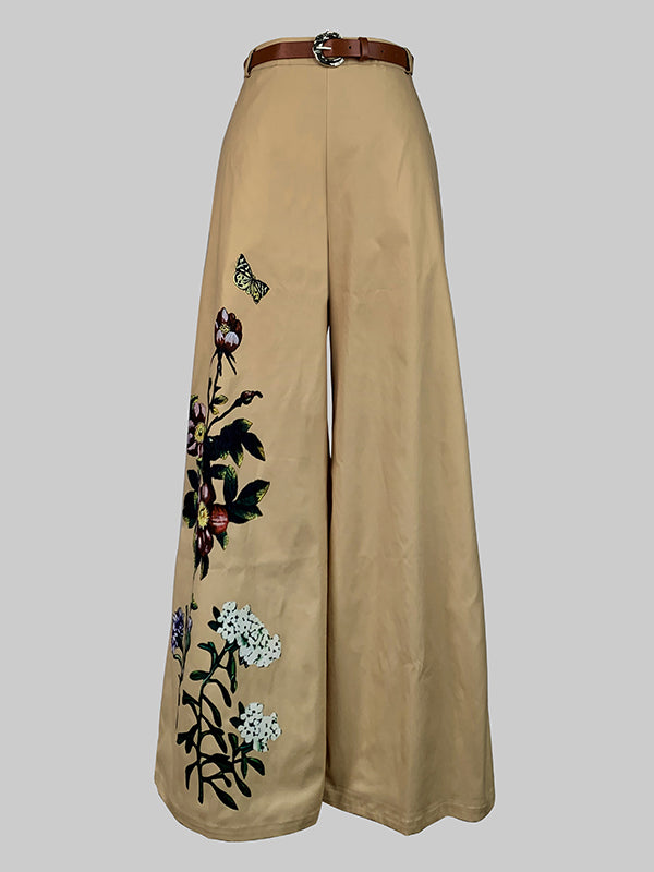 High Waisted Loose Belted Flower Print Pockets Pants Trousers
