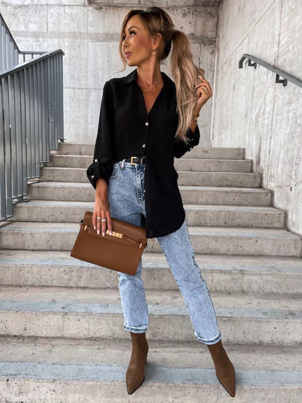 Chemisiers tendance à manches longues et col à revers de couleur unie 