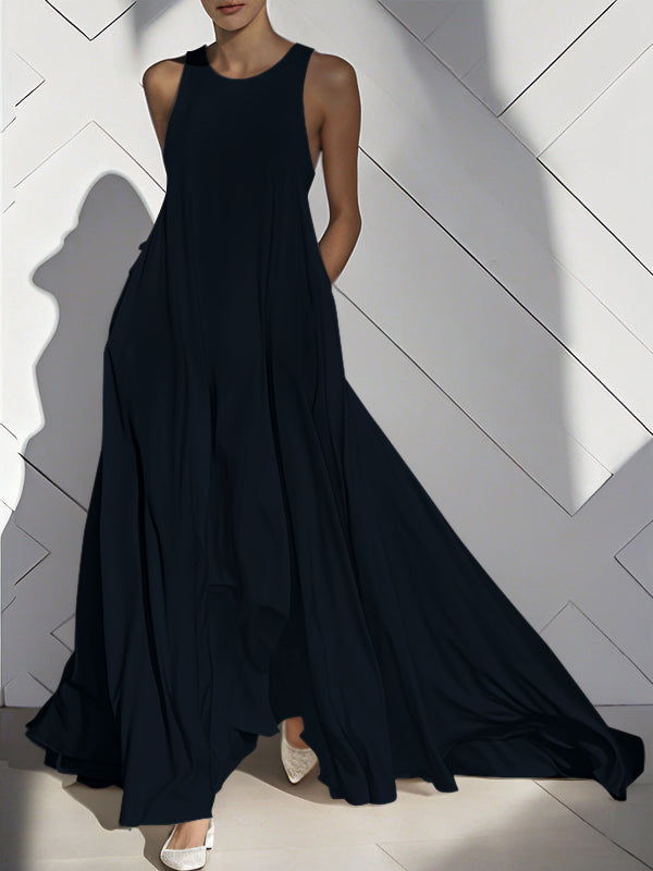 Loose Sleeveless Pockets Solid Color Split-Joint Round-Neck Maxi Dresses