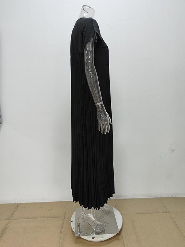 A-Line High Waisted Pleated Pockets Solid Color Split-Joint Round-Neck Maxi Dresses