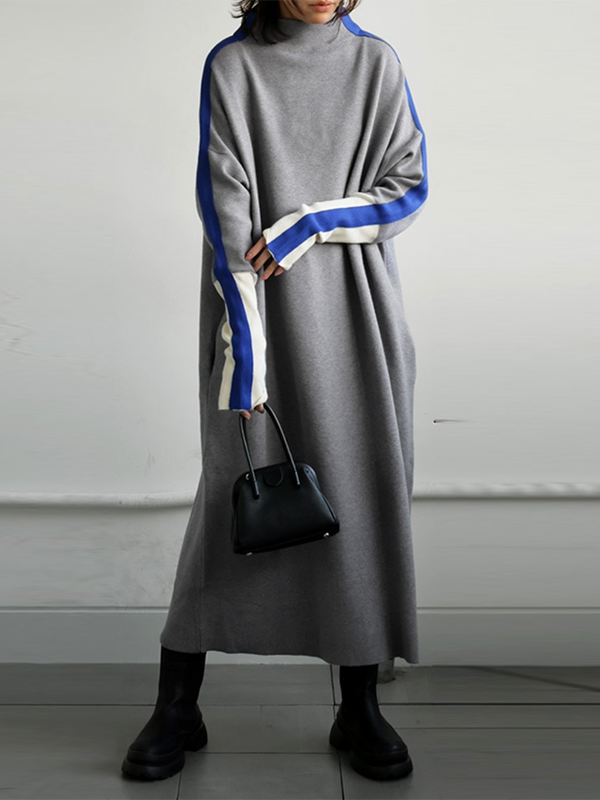 Long Sleeves Loose Contrast Color Stand Collar Maxi Dresses