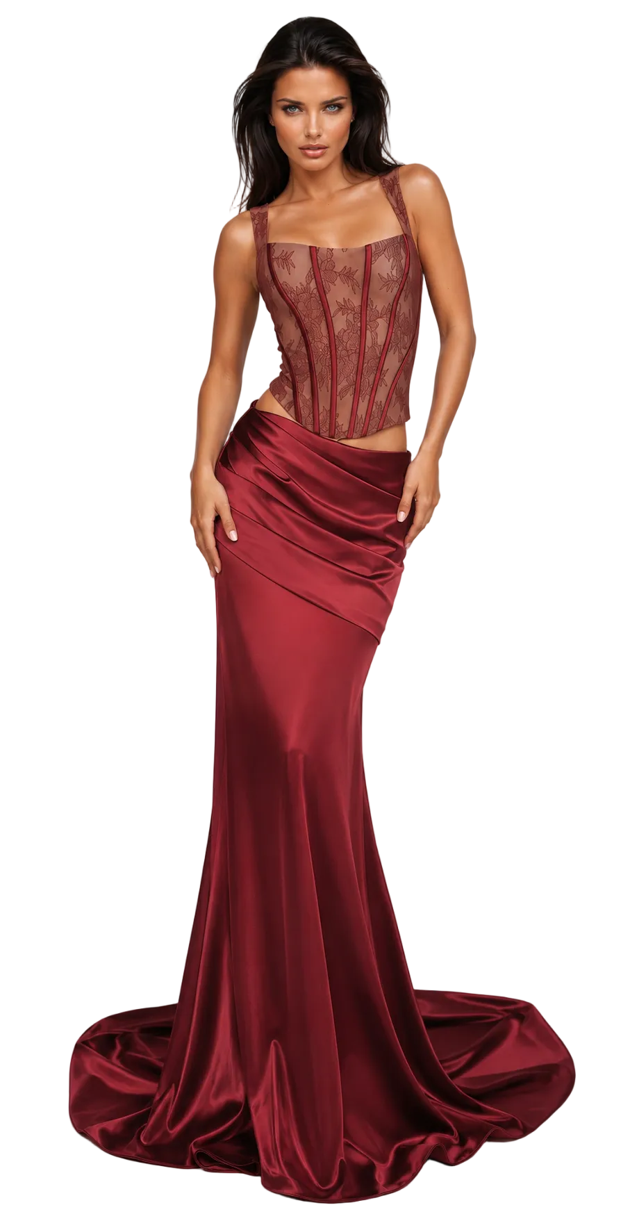 OLESYA Burgundy Satin Maxi Skirt Set | Lace Corset Evening Set