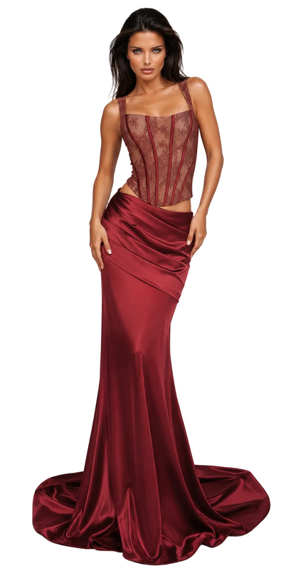 OLESYA Burgundy Satin Maxi Skirt Set | Lace Corset Evening Set
