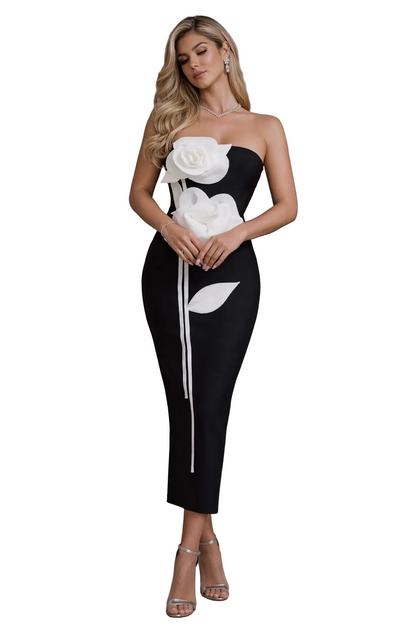MINTA 3D Floral Monochrome Strapless Sculpted Midi Dress