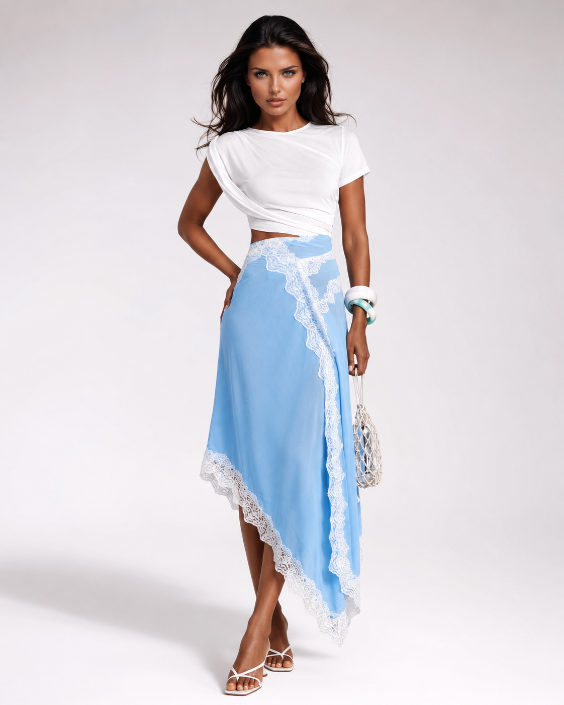 ANDRE Coastal Lace Wrap Skirt Set – White Crop Top & Asymmetric Blue Lace Skirt
