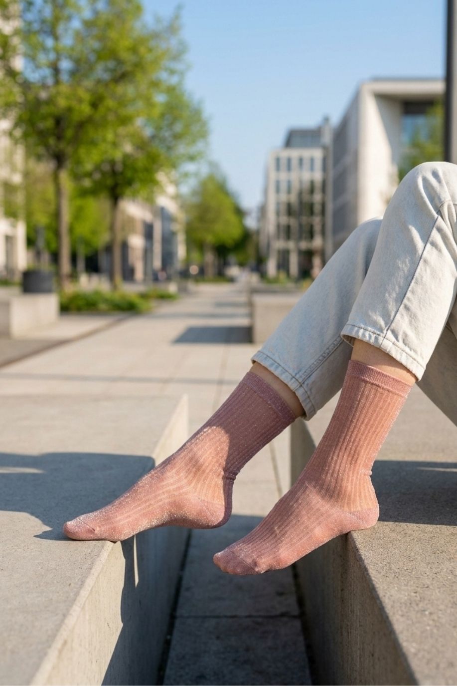 Sheer Metallic Ribbed Crew Socks