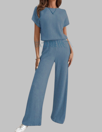 Nora | Women's Ribbed Two Piece Set Short Sleeve Top Wide Leg Pants