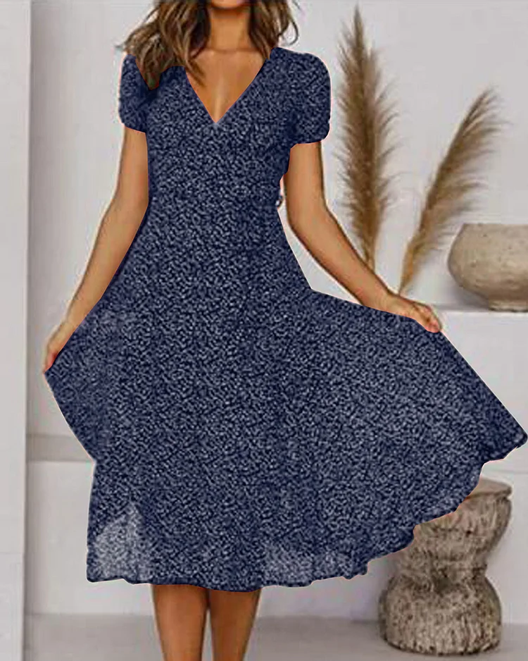 Vivienne | Women's V-Neck Short Sleeve Midi Dress with Print