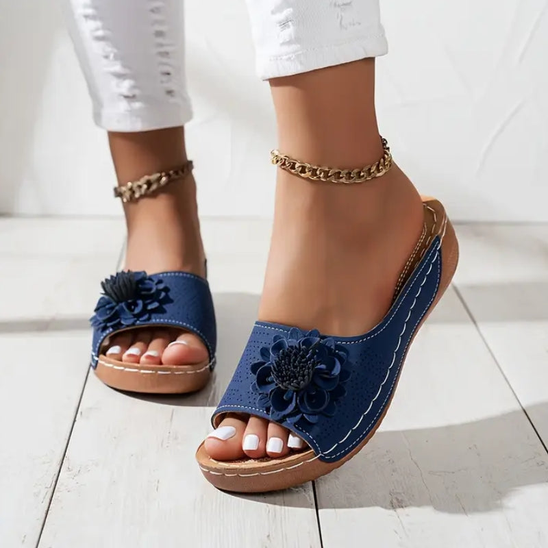 Flora | Women's Flower Wedge Sandals Slip On Open Toe Slides