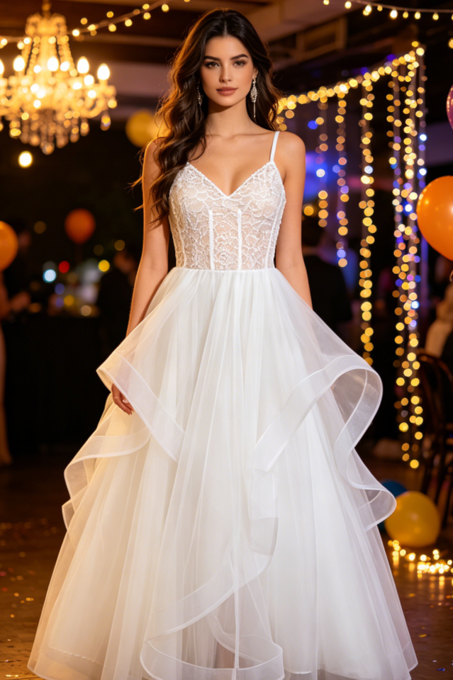 Lanelle Lace Ruffle Tulle Midi Dress
