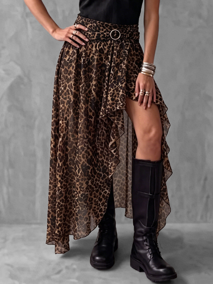High Waisted High-Low Asymmetric Buckle Elasticity Leopard See-Through Split-Joint Skirts Bottoms