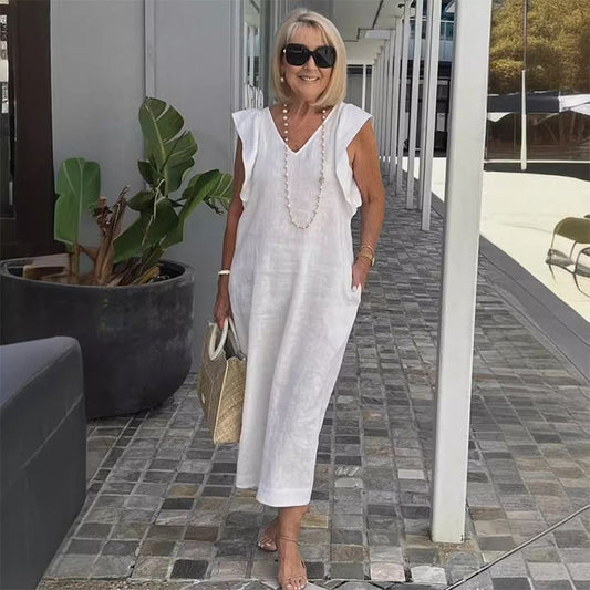 Cotton linen sleeveless dress White S