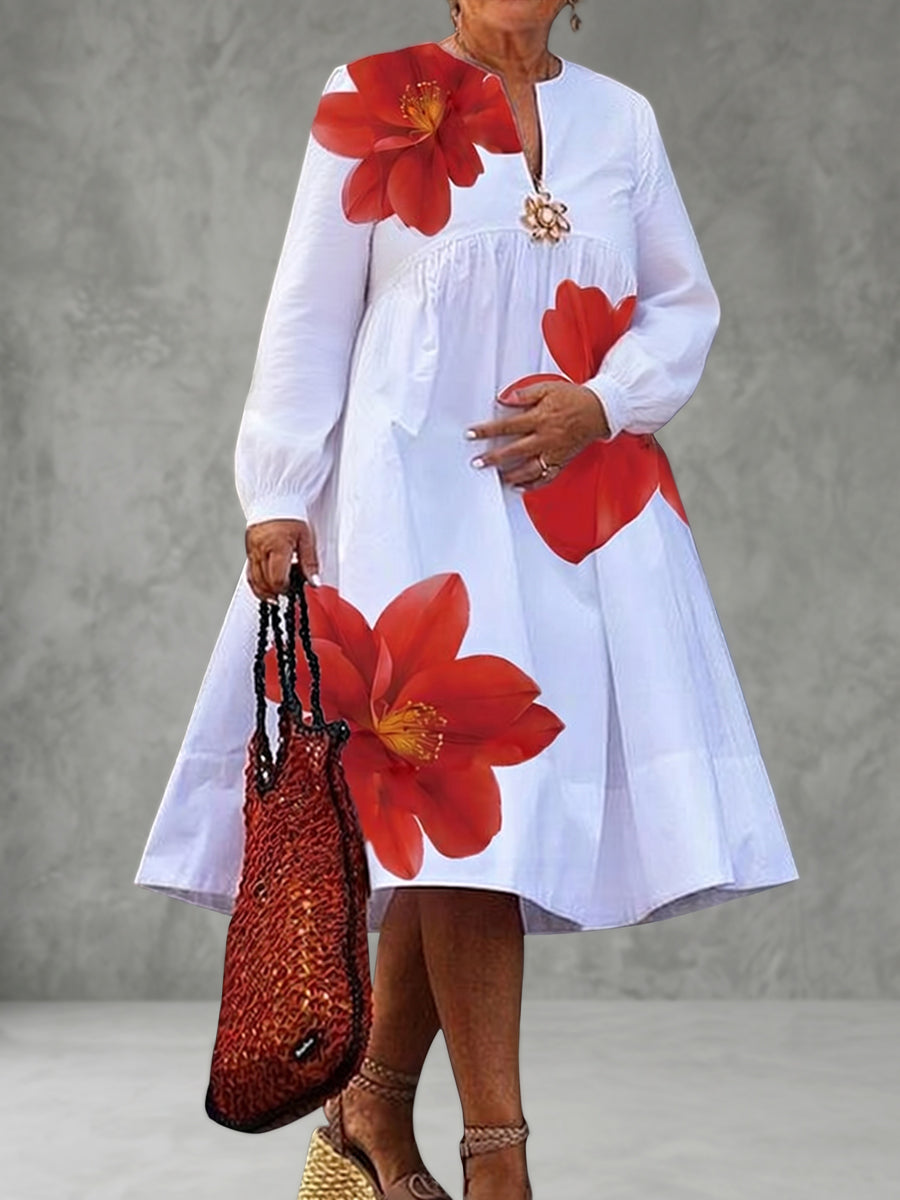 A-Line Long Sleeves Contrast Color Flower Print Pleated V-Neck Midi Dresses Shirt Dress