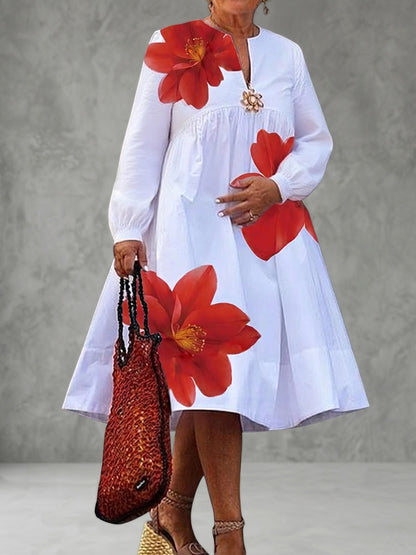A-Line Long Sleeves Contrast Color Flower Print Pleated V-Neck Midi Dresses Shirt Dress