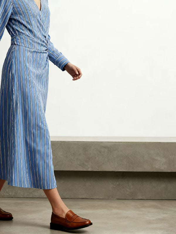 Long Sleeves Buckle Striped Deep V-Neck Midi Dresses Shirt Dress