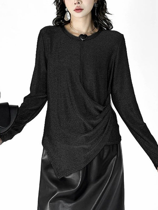 Hipster Long Sleeves Asymmetric Solid Color Round-Neck T-Shirts Tops