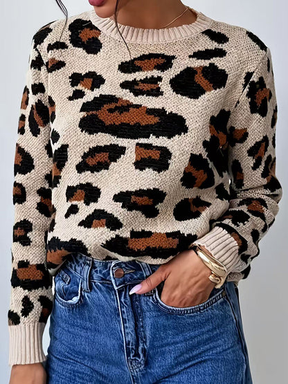 Leopard Loose Long Sleeves Round-neck Sweater Tops Pullovers