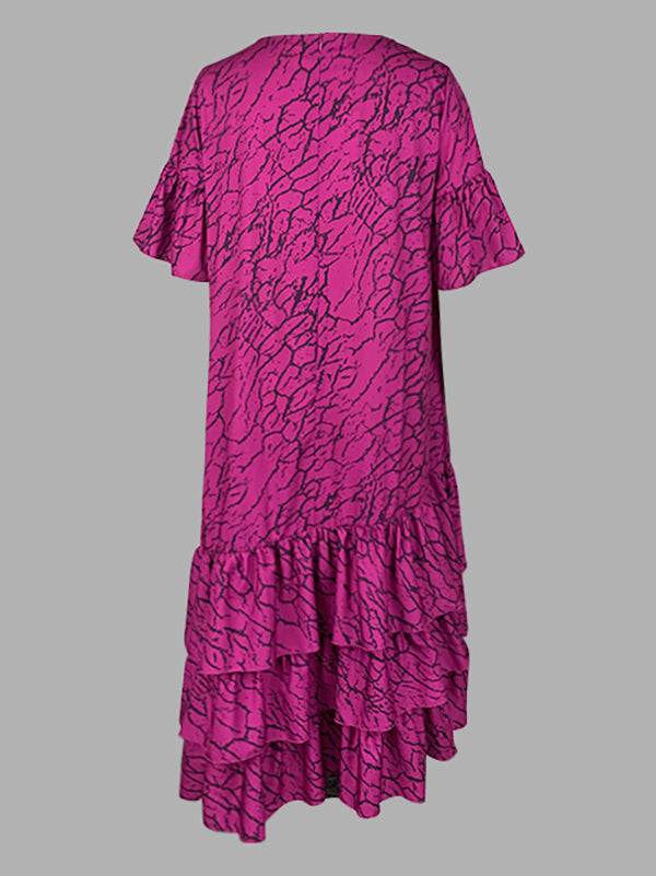 Robes longues à manches évasées, manches mi-longues, asymétriques, plissées, imprimées, à volants, col rond 