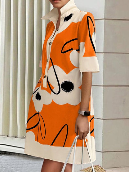 A-Line Half Sleeves Buttoned Contrast Color Flower Print Pockets Stand Collar Mini Dresses