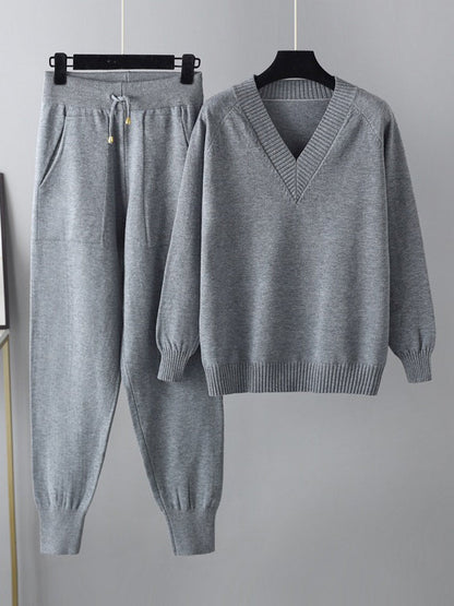 Casual Loose Harem Pants Solid Color V-Neck Sweater Tops Pants Two Pieces Set
