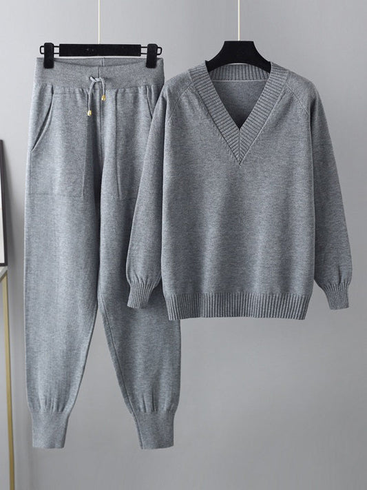 Casual Loose Harem Pants Solid Color V-Neck Sweater Tops Pants Two Pieces Set