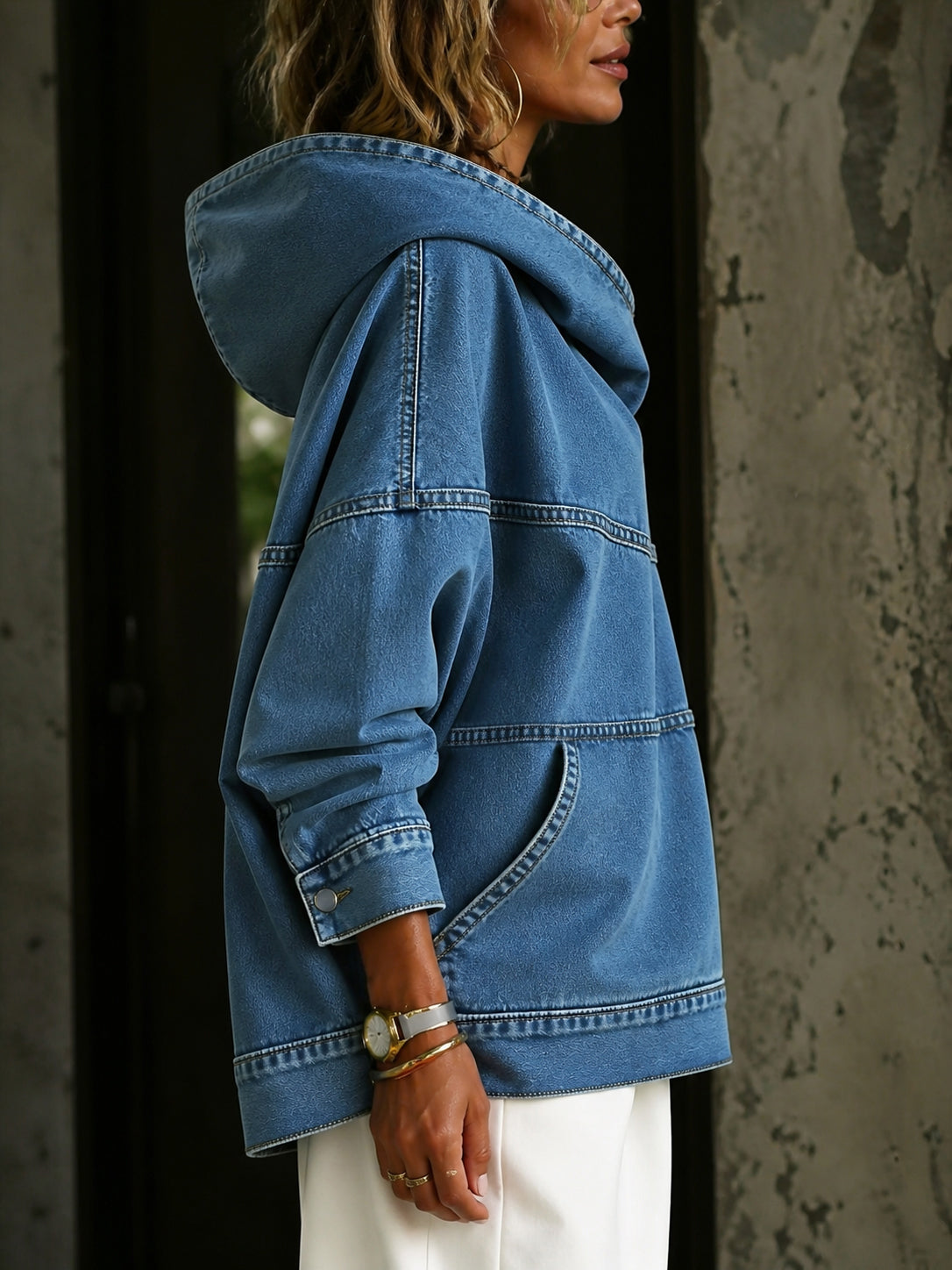 Split-Joint Solid Color Pockets Loose Long Sleeves Hooded Hoodies&sweatshirt Tops
