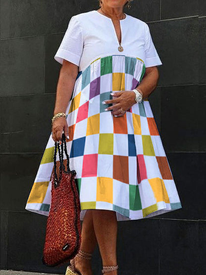 Loose Short Sleeves Printed Rainbow Plaid V-Neck Midi Dresses