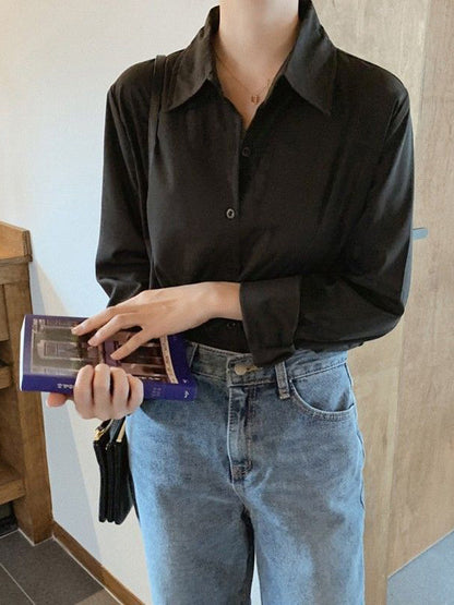 Long Sleeves Plus Size Buttoned Comfort Solid Color Lapel Blouses&Shirts Tops