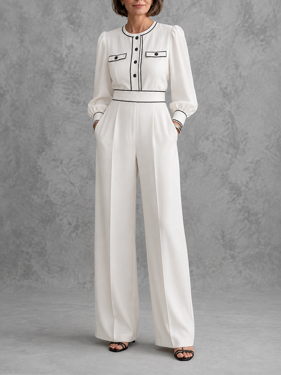 Contrast Color Buttoned Puff Sleeves Long Sleeves Round-neck Jumpsuits