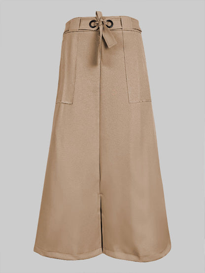 High Waisted Loose Split-Front Split-Joint Tied Waist Skirts