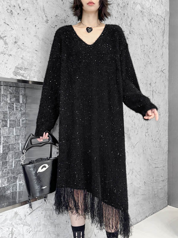 Irregularity Long Sleeves Contrast Color Sequined Shiny Split-Joint Tasseled V-Neck Midi Dresses Sweater Dresses