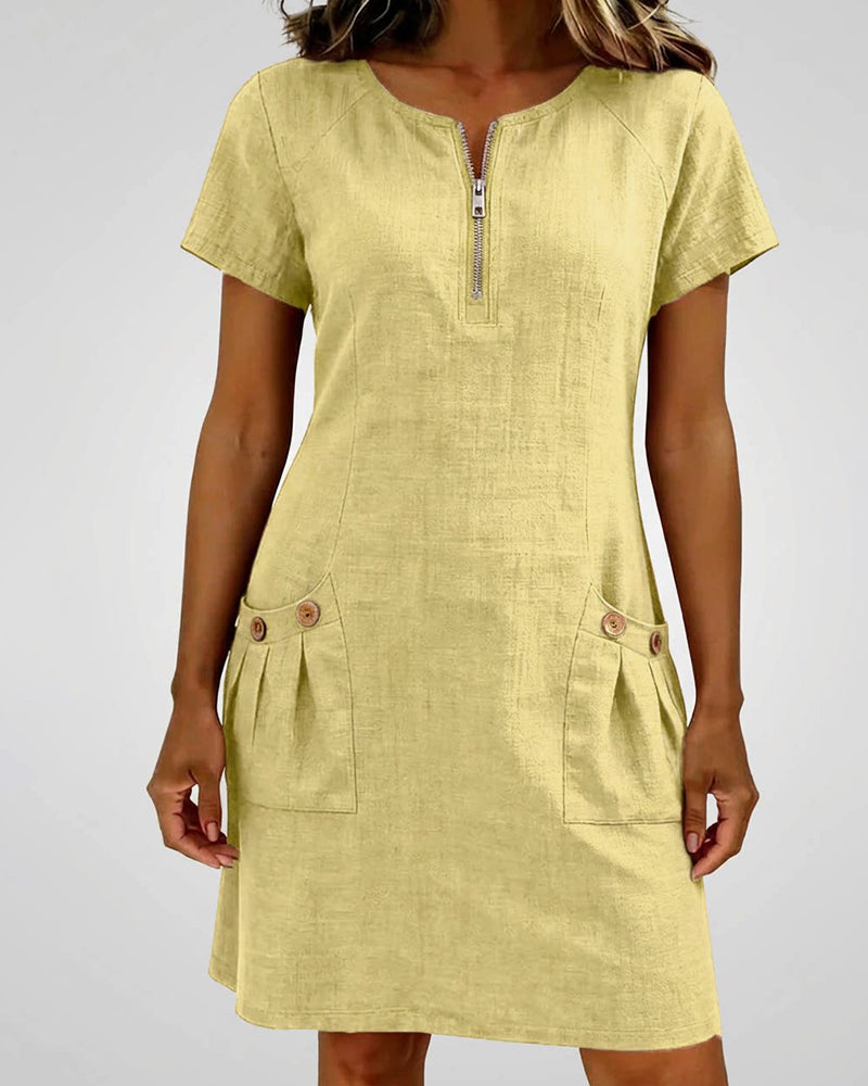 Remi | Women's Shift Dress Short Sleeve Zip Neck with Pockets