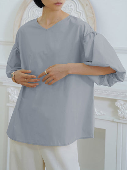 Halbarm Lose Einfarbig V-Ausschnitt Blusen &amp; Hemden Tops 