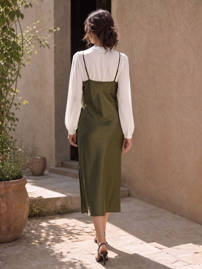 Split-side Solid Color Contrast Color Sleeveless Bodycon V-neck Midi Dresses