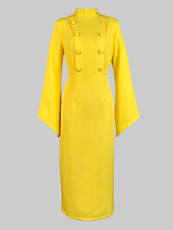 Flared Sleeves High Waisted Buttoned Solid Color Mock Neck Midi Dresses