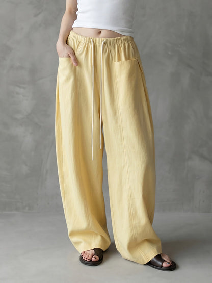 Loose Wide Leg Drawstring Pockets Solid Color Pants
