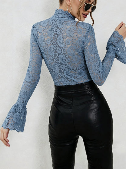 Solid Color See-Through Pleated Skinny Long Sleeves Mock Neck T-Shirts Tops