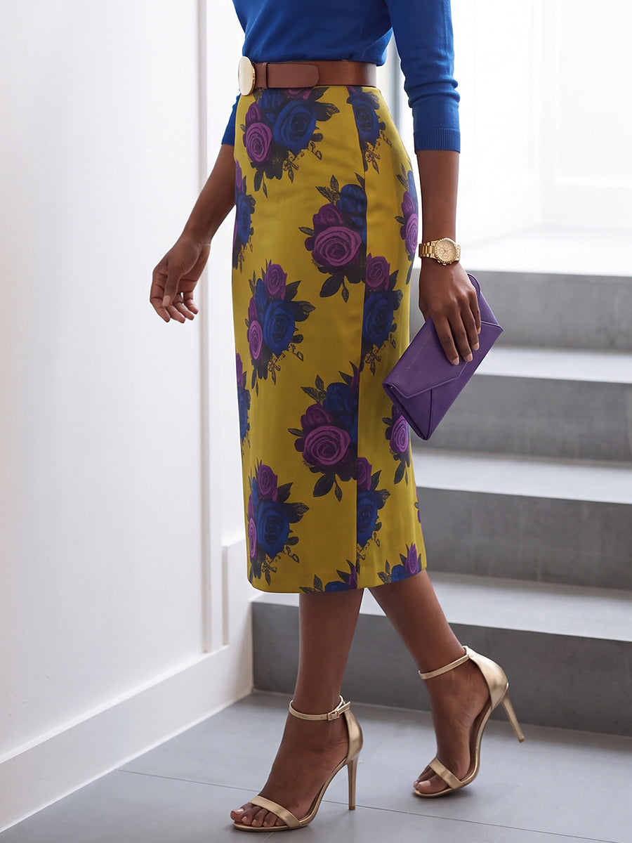 Zipper Pockets Flower Print Belted High Waisted Skirts