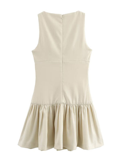 Mini-robe trapèze ample plissée de couleur unie avec fermeture éclair et col rond 